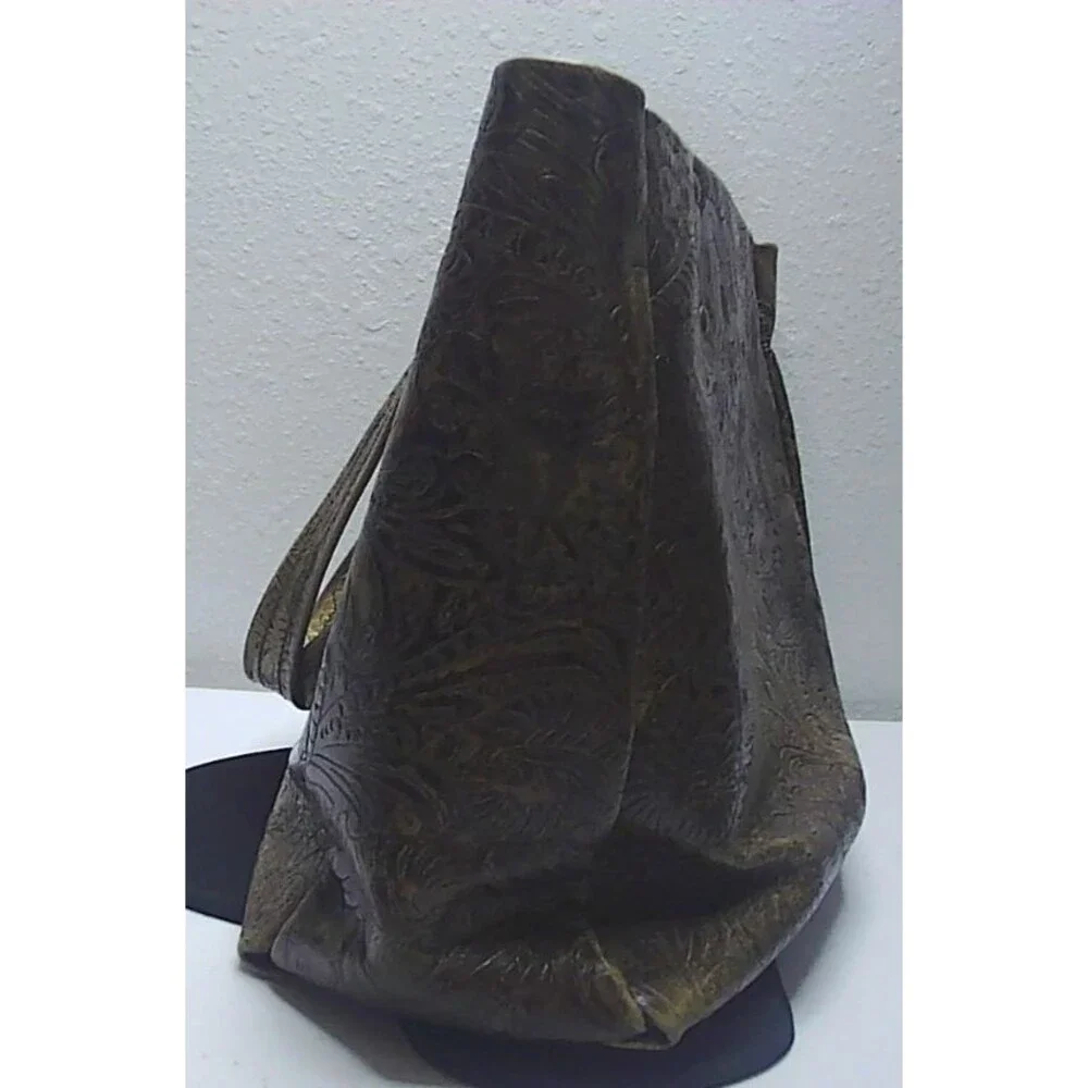 Vtg Handcrafted Embossed Tooled Leather Tote Bag Brown 10x5x10